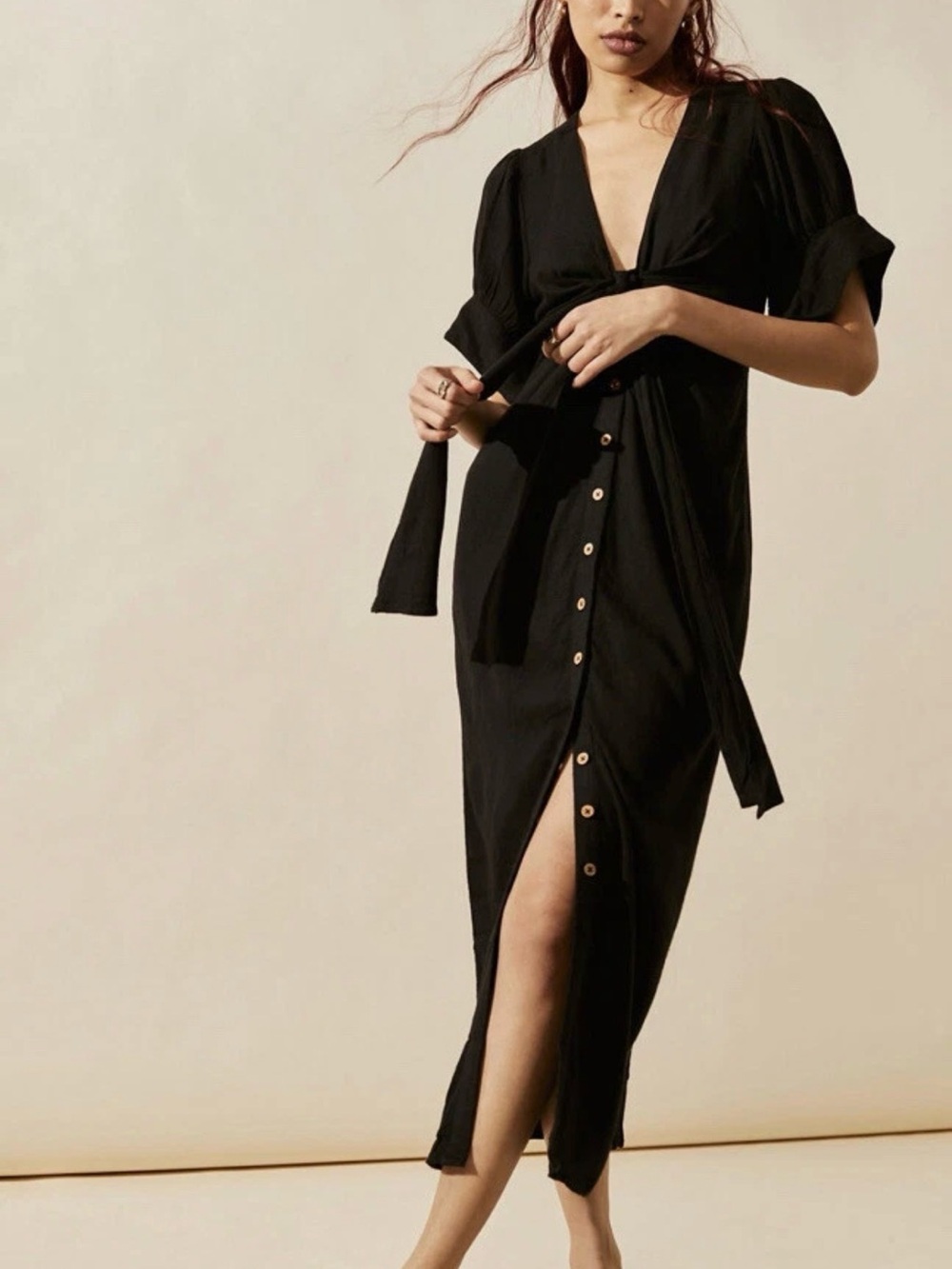Free People Vintage Summer Tie Front Ruched Buttondown Midi Dress M